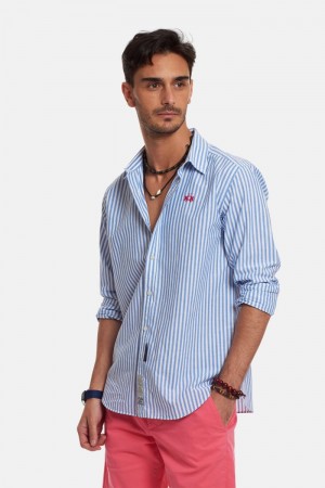 πουκαμισα La Martina ανδρικα Regular-fit Linen-blend ασπρα μπλε | KLZ-5386