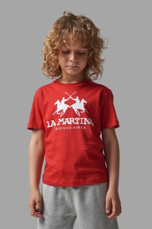 T Shirt La Martina παιδικα κλασικα βαμβακερα κοκκινα μπλε ρουά | SWW-8912