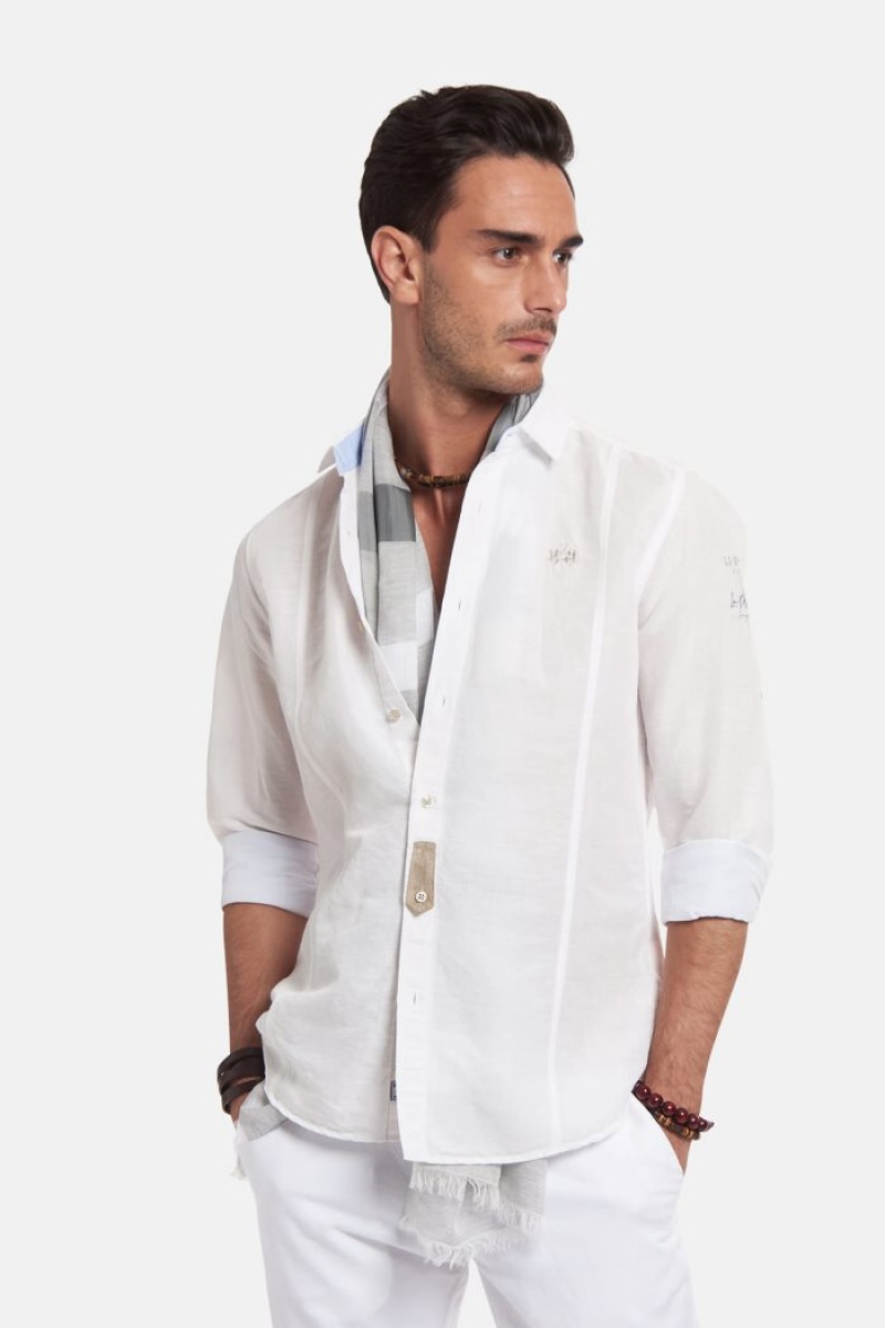 πουκαμισα La Martina ανδρικα Slim-fit Linen-blend ασπρα | FZO-1585