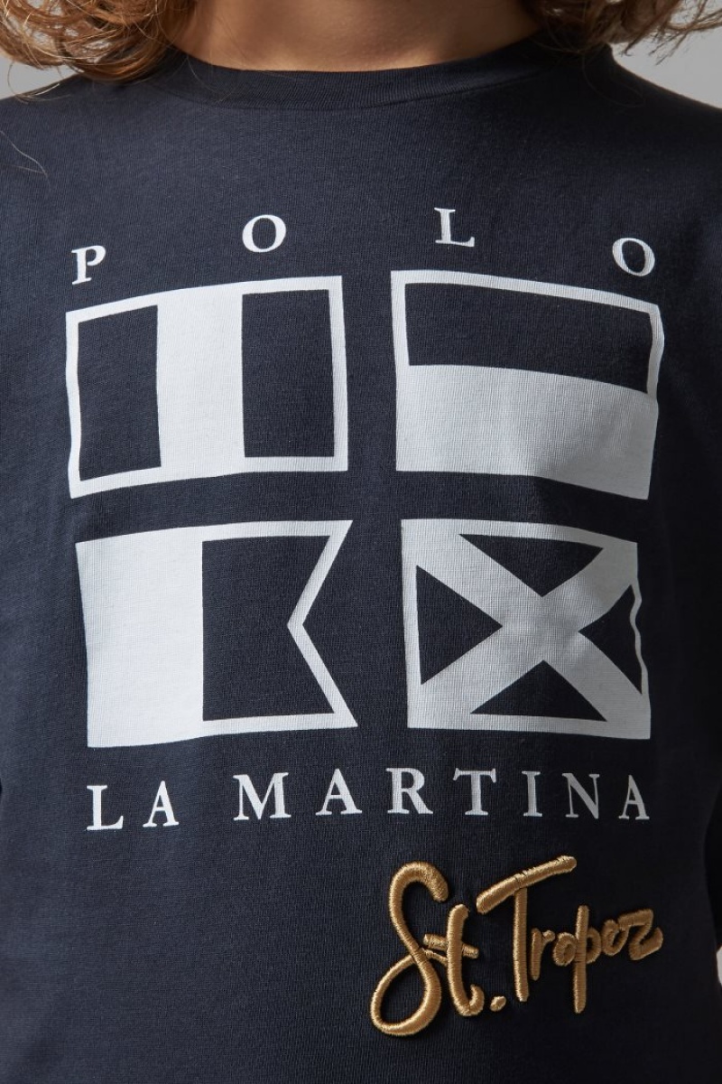 T Shirt La Martina παιδικα κλασικα βαμβακερα μπλε ασπρα | LMB-4773