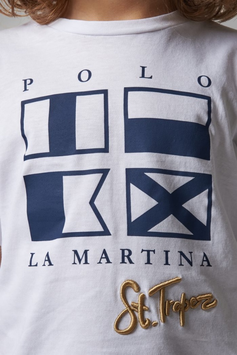 T Shirt La Martina παιδικα κλασικα βαμβακερα ασπρα μπλε ρουά | WVV-9558